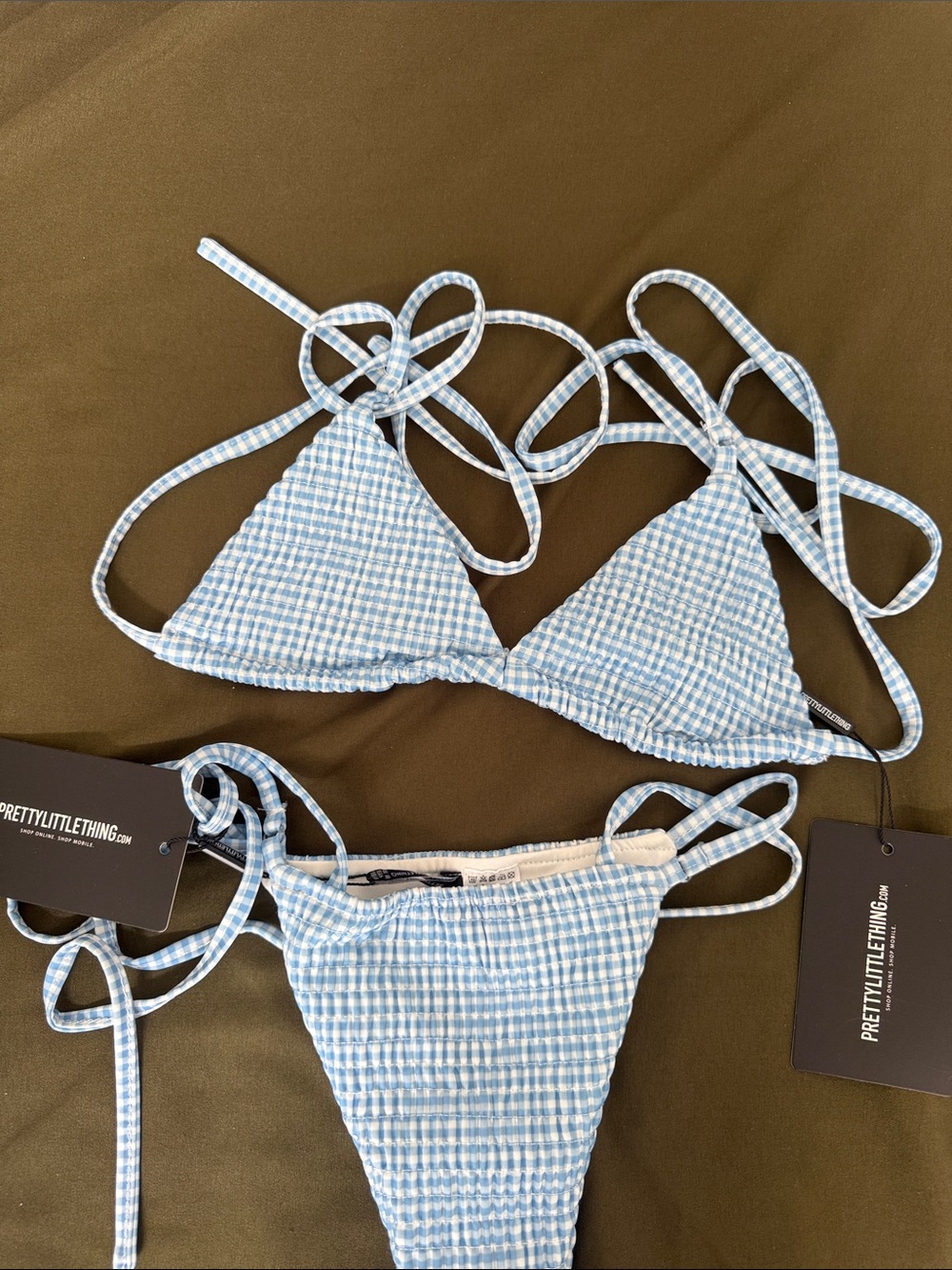PrettyLittleThing Light Blue Gingham Tie Bikini